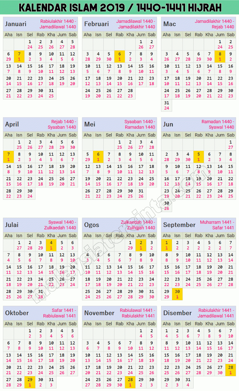 Kalendar Islam 2019 Masihi / 1440-1441 Hijrah