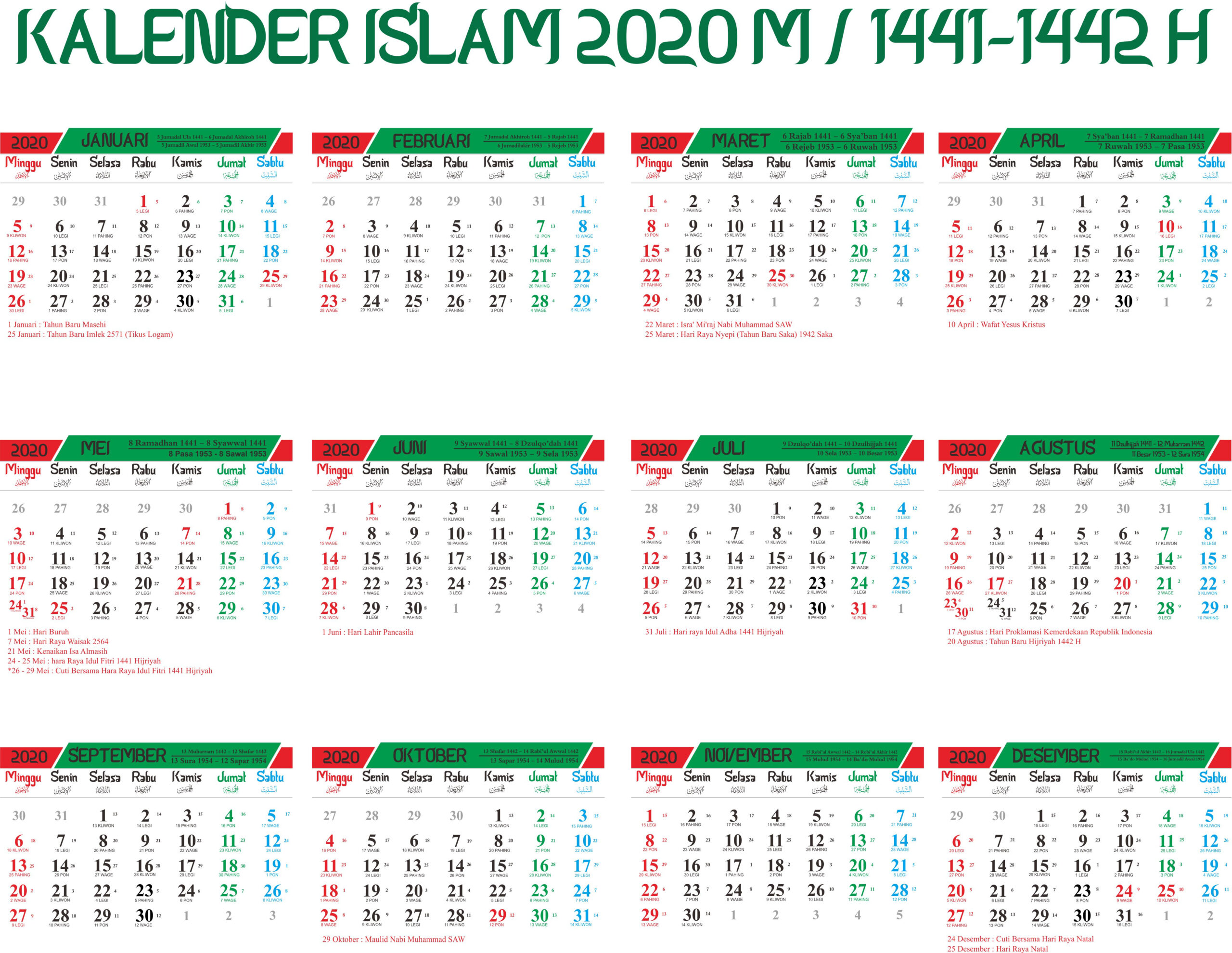 Kalender Islam 2020 Hijriyah 1441-1442 Lengkap Tanggalan Jawa