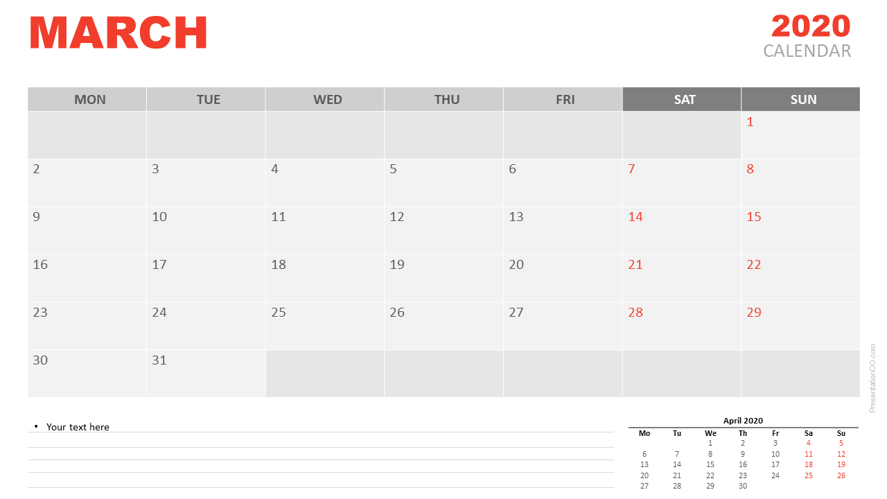 March 2020 Calendar For Powerpoint And Google Slides