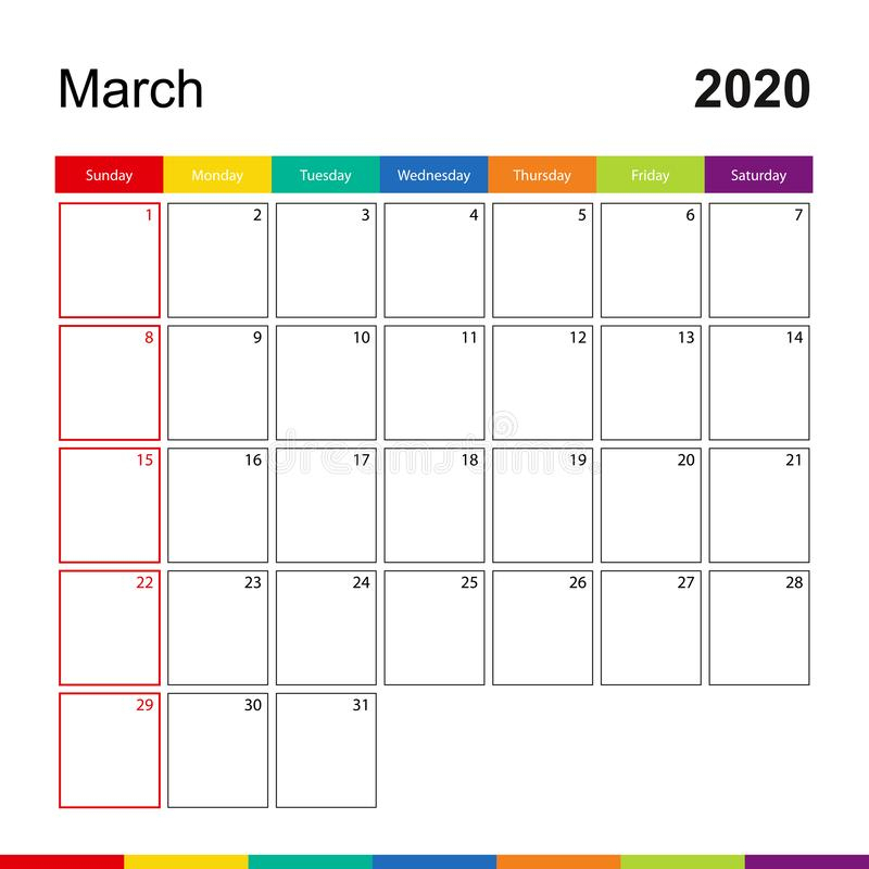 March 2020 Colorful Wall Calendar, Week Starts On Sunday