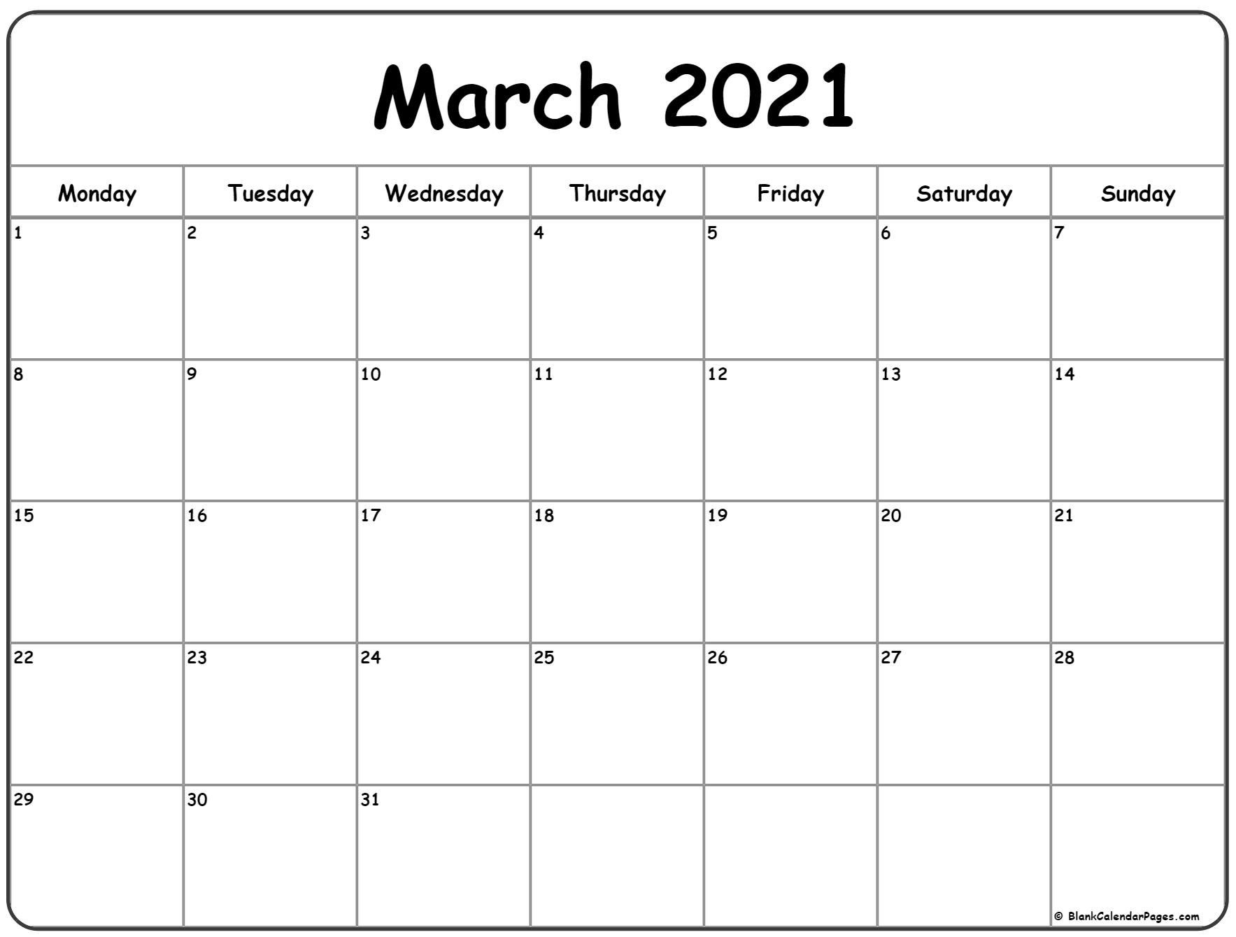 March 2021 Monday Calendar | Monday To Sunday