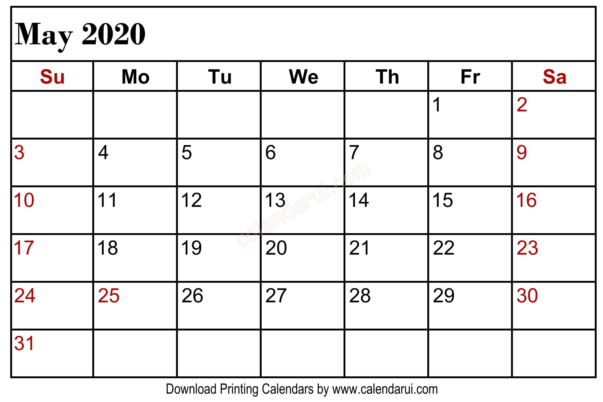 May 2020 Blank Calendar Printable Free Download (With