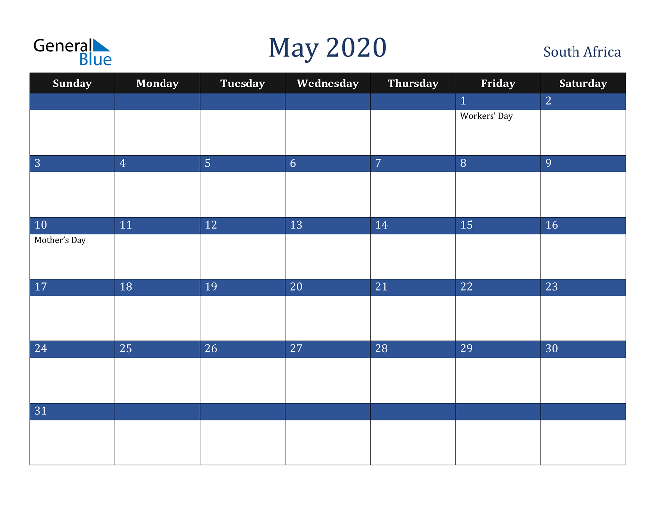 May 2020 Calendar - South Africa