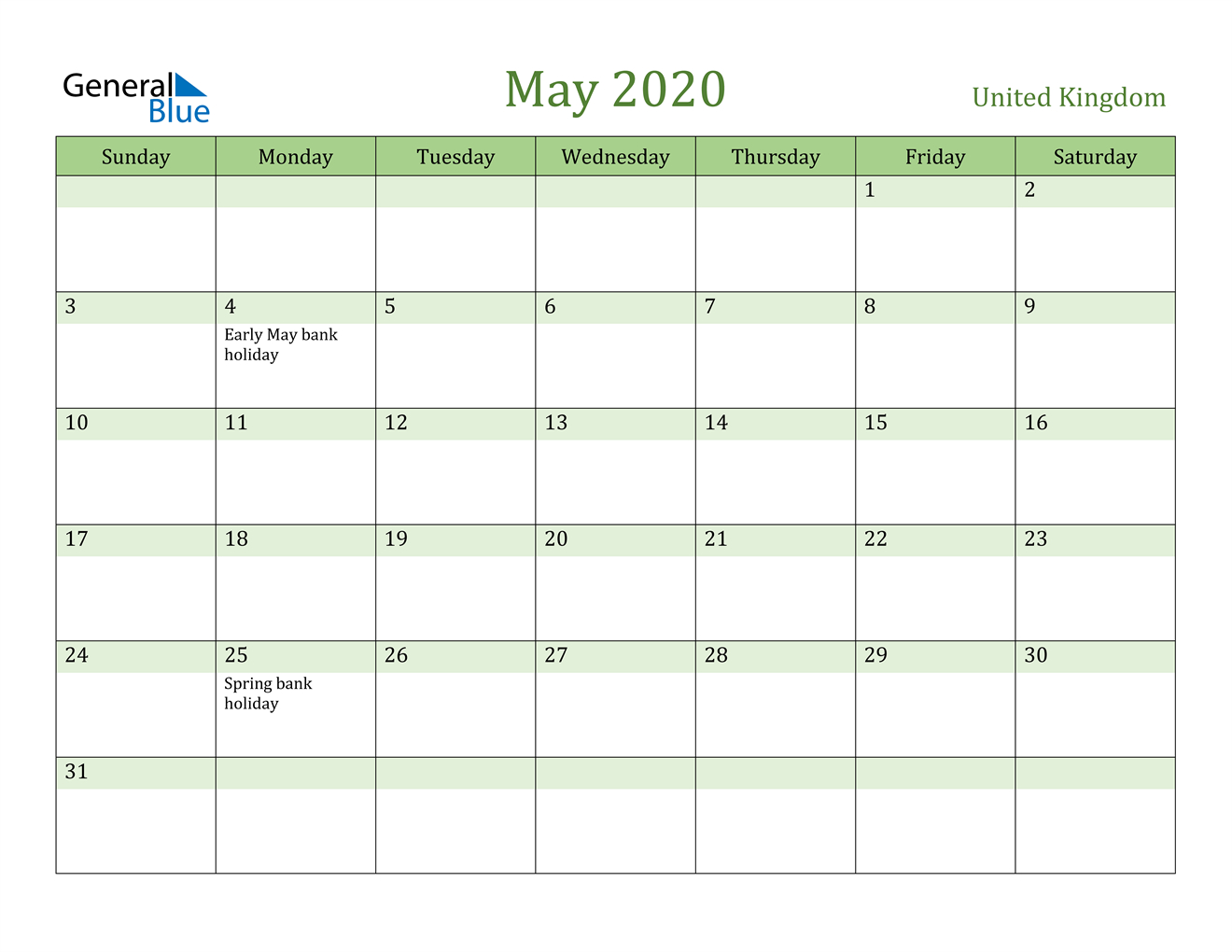 May 2020 Calendar - United Kingdom