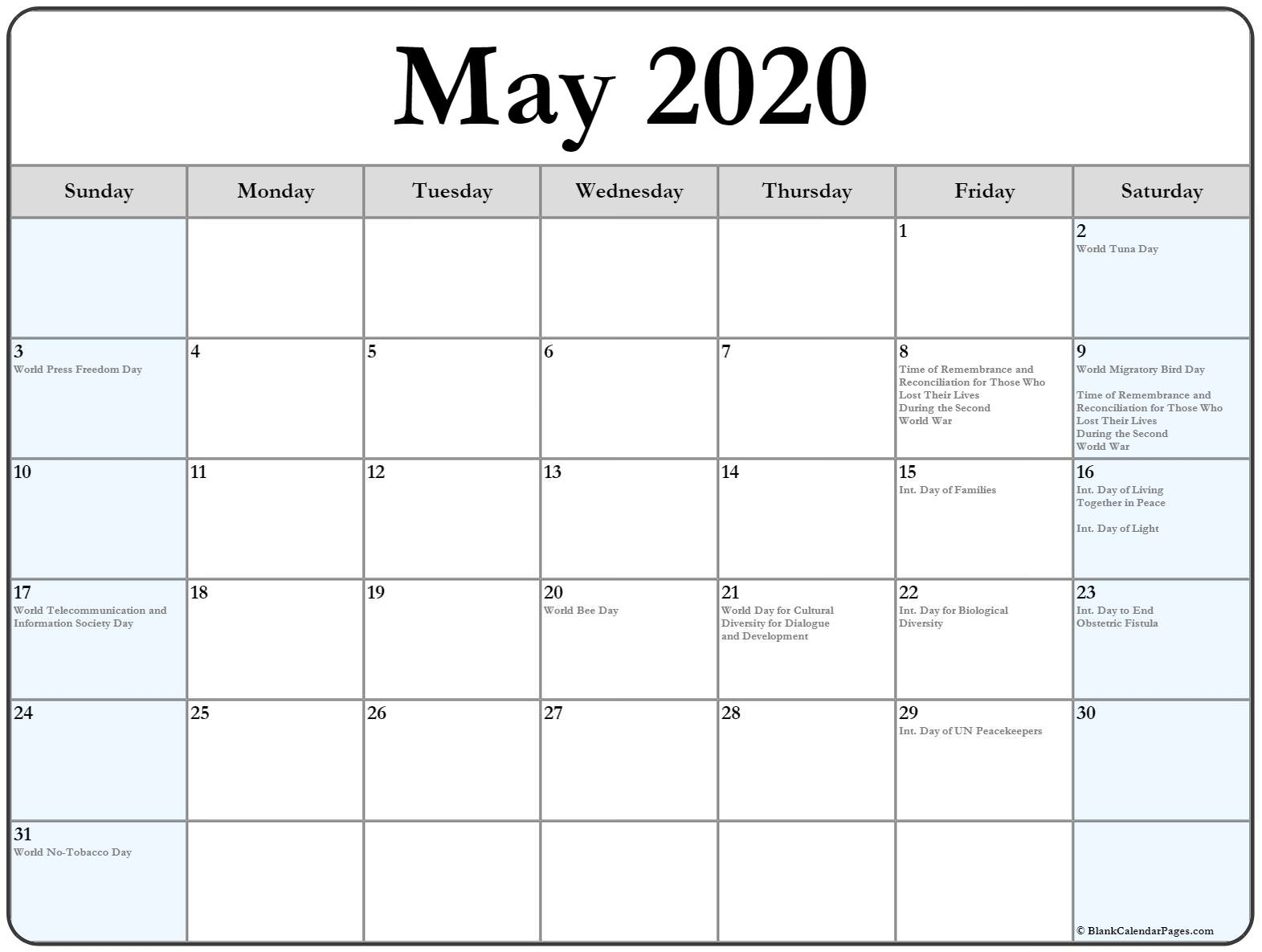 May 2020 Calendar With Holidays