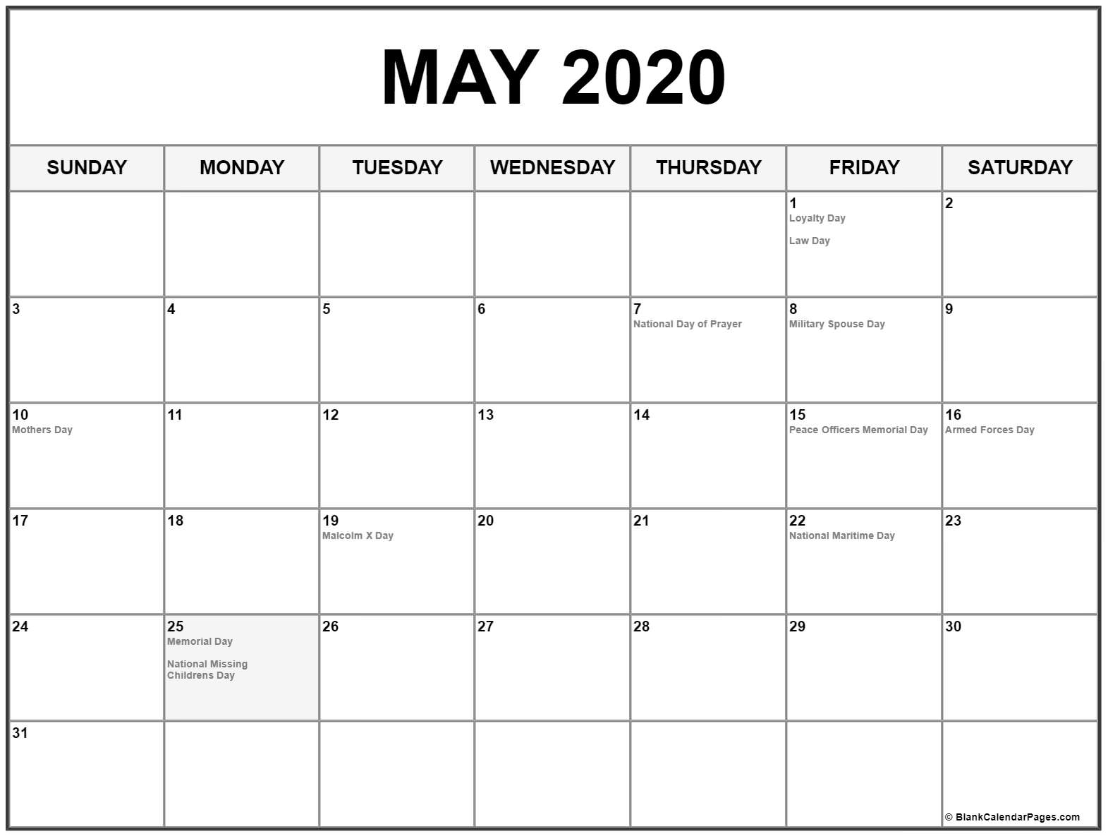 May 2020 Calendar With Holidays