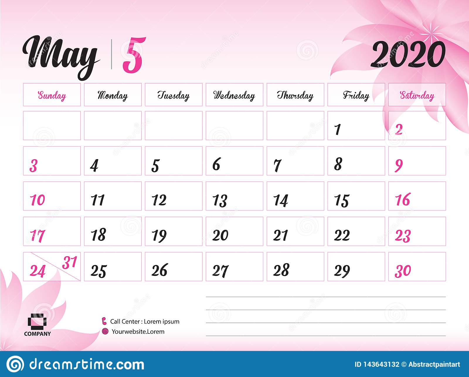 May 2020 Year Template, Calendar 2020 Vector, Desk