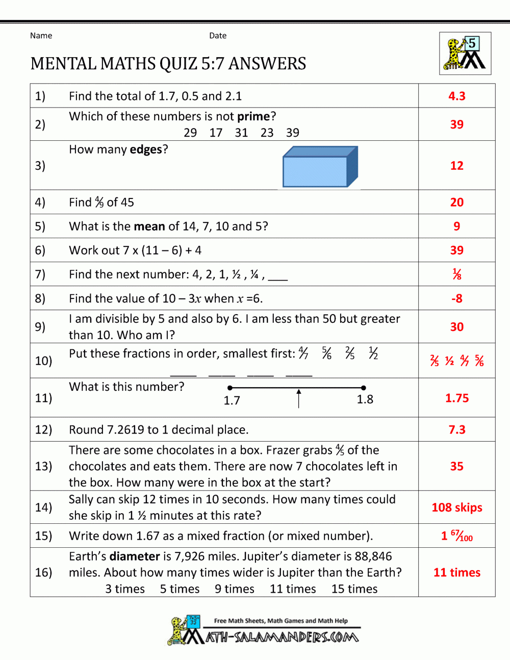 Mental Maths Practise Year 5 Worksheets