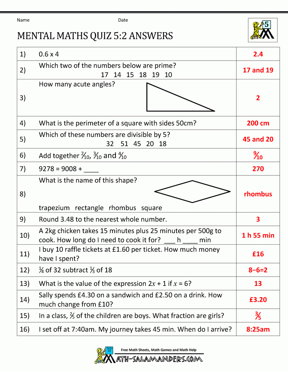 Mental Maths Practise Year 5 Worksheets