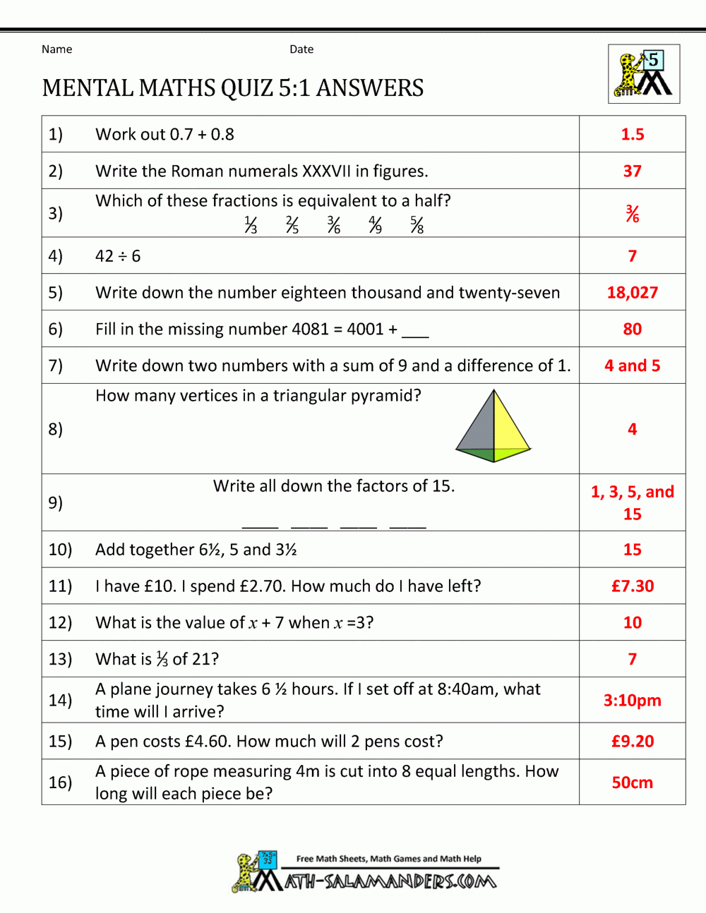 Mental Maths Practise Year 5 Worksheets