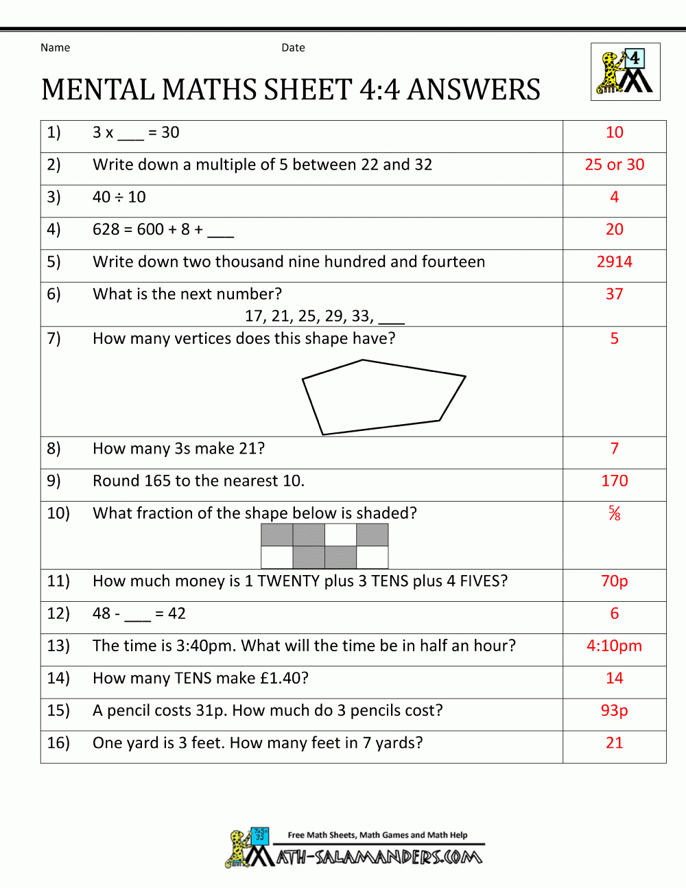 Mental Maths Test Year 4 Worksheets