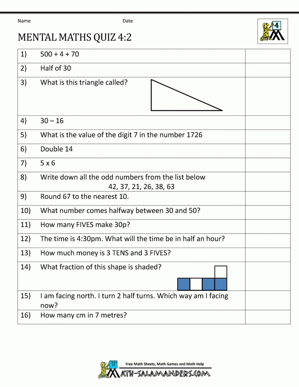 Mental Maths Test Year 4 Worksheets