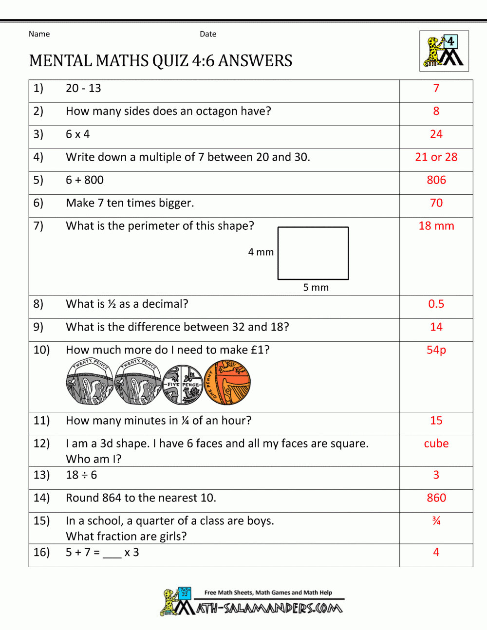 Mental Maths Test Year 4 Worksheets