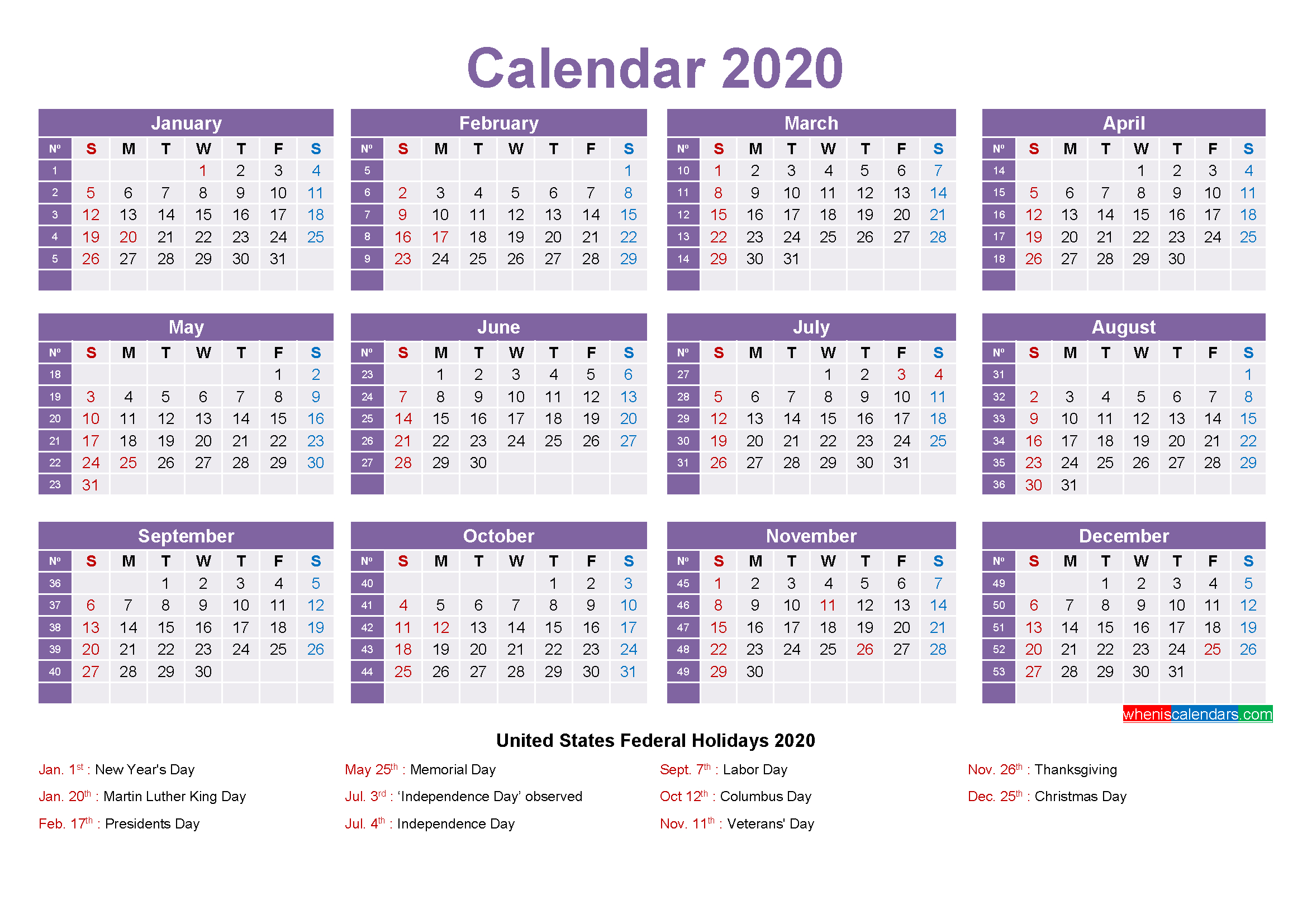 Calendar Week To A Page 2020