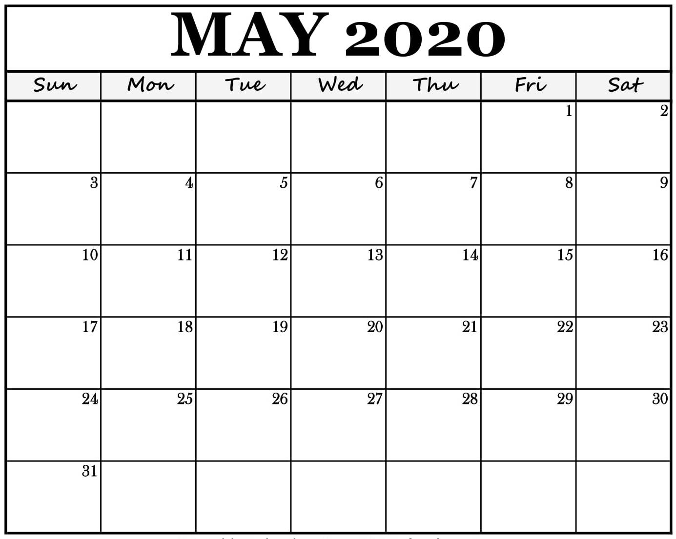 Monthly Calendar For May 2020 Fillable Printable