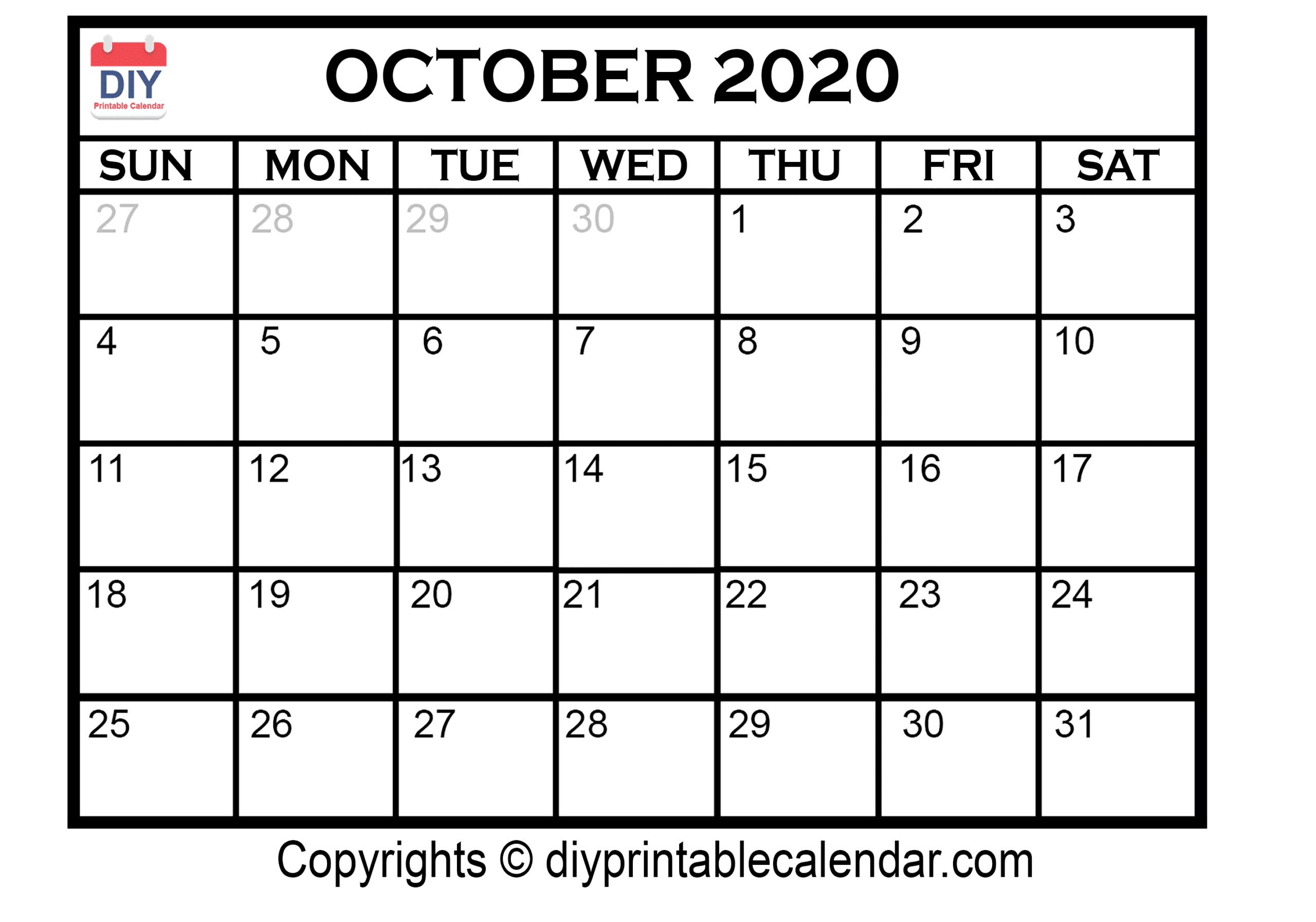 Free Printable Editable Calendar October 2020