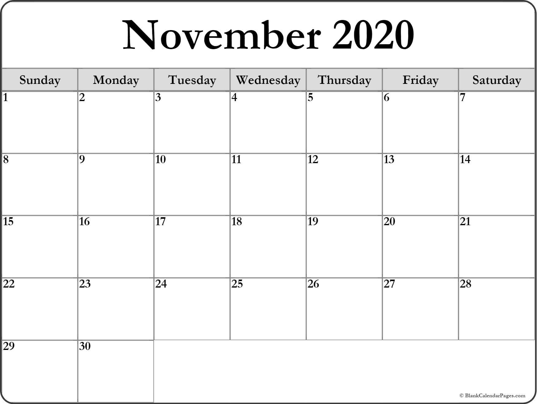 November 2020 Blank Calendar Templates.