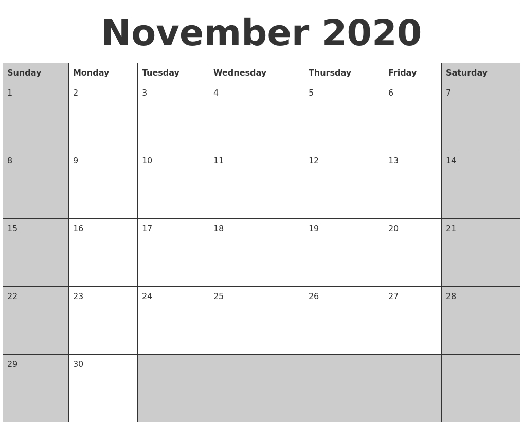 November 2020 Calanders