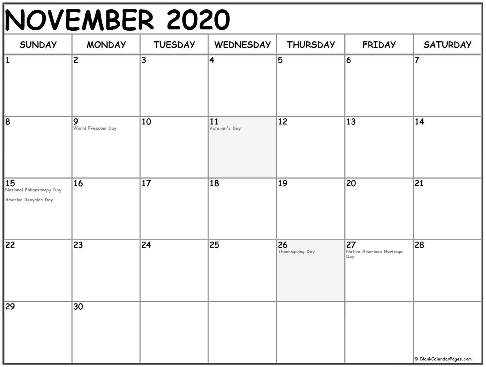 November 2020 Calendar With Holidays