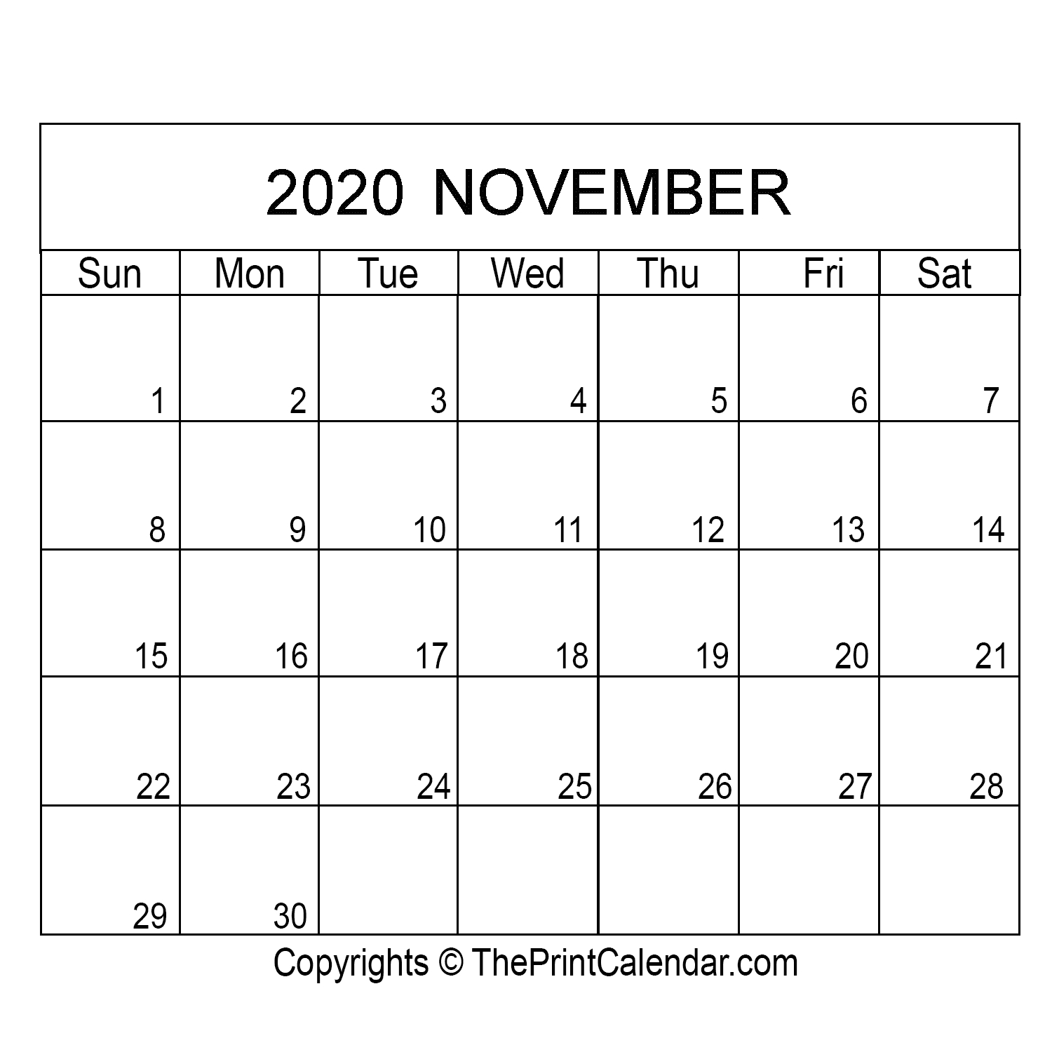 November 2020 Printable Calendar Template [Pdf, Word &amp; Excel]