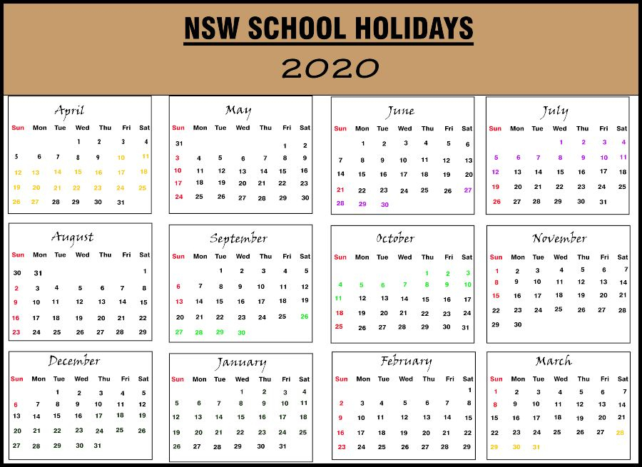 Nsw 2020 School Holidays Calendar Template (New South Wales)