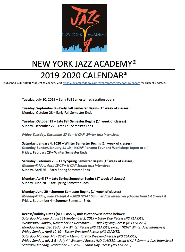 Nyja® School Calendar 2019-2020 [Pdf] | New York Jazz Academy