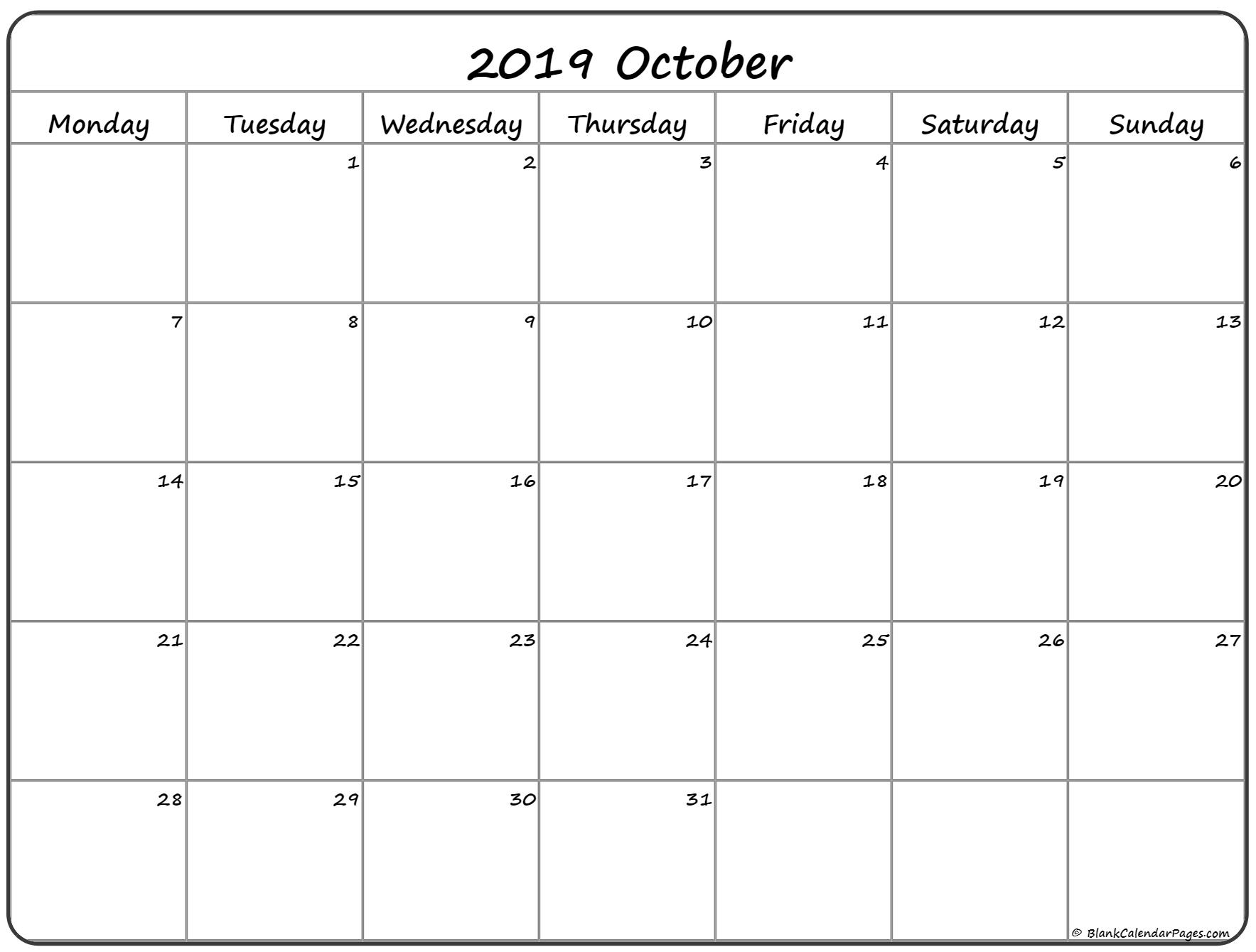 October 2019 Monday Calendar | Monday To Sunday