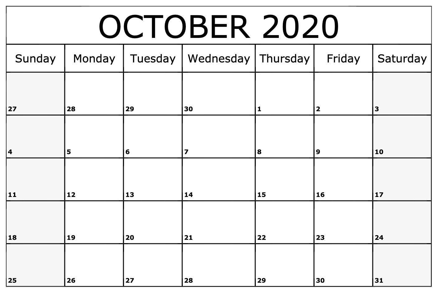October 2020 Calendar Printable Monthly Templates