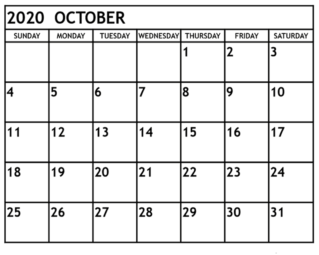 October 2020 Calendar Printable Template - Editable Word