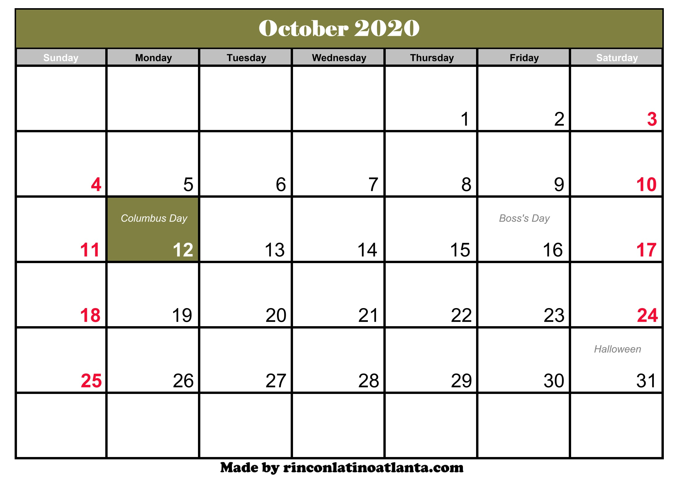 October 2020 Calendar Printable With Holidays | Calendar