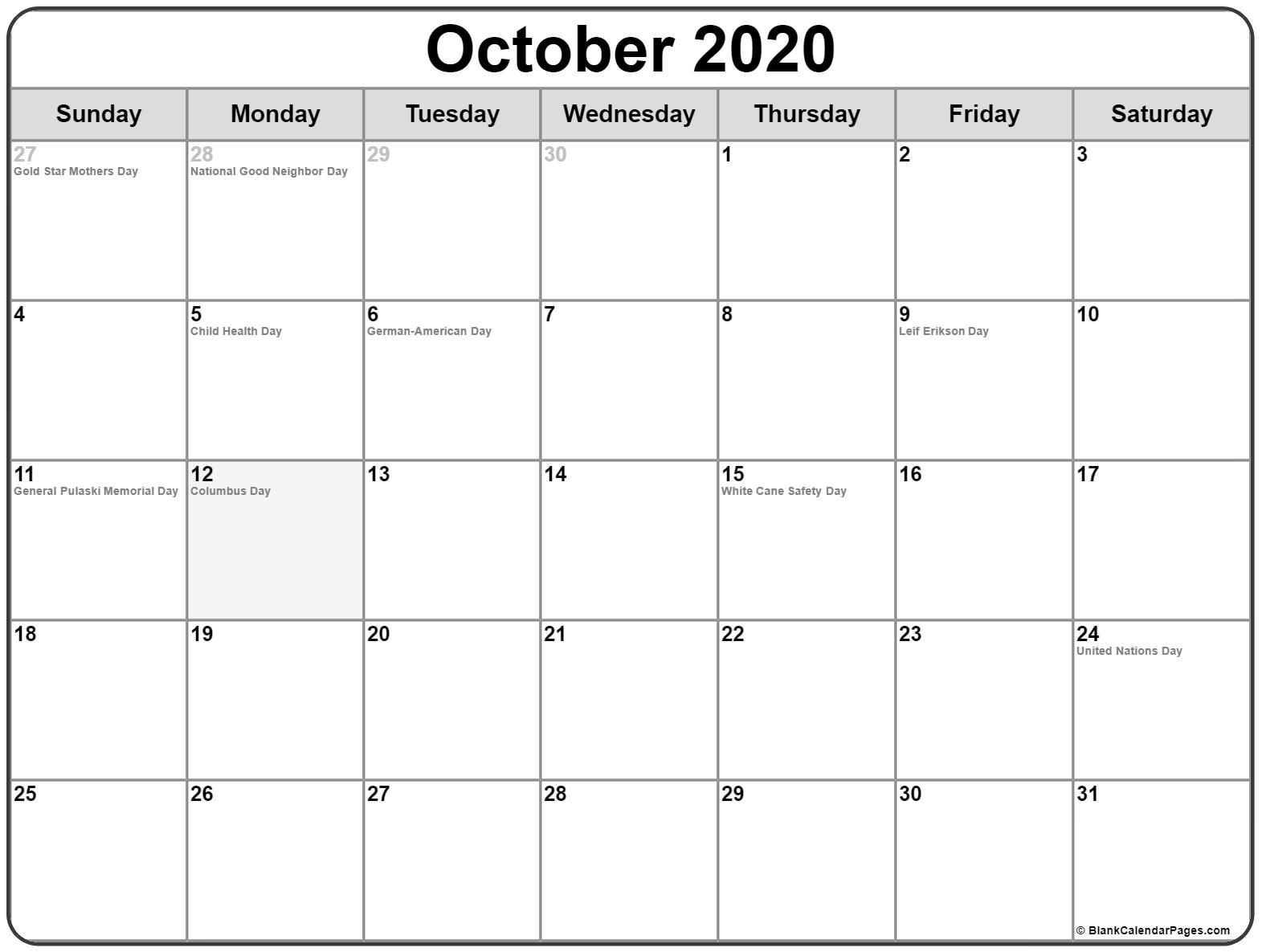 October 2020 Calendar With Holidays