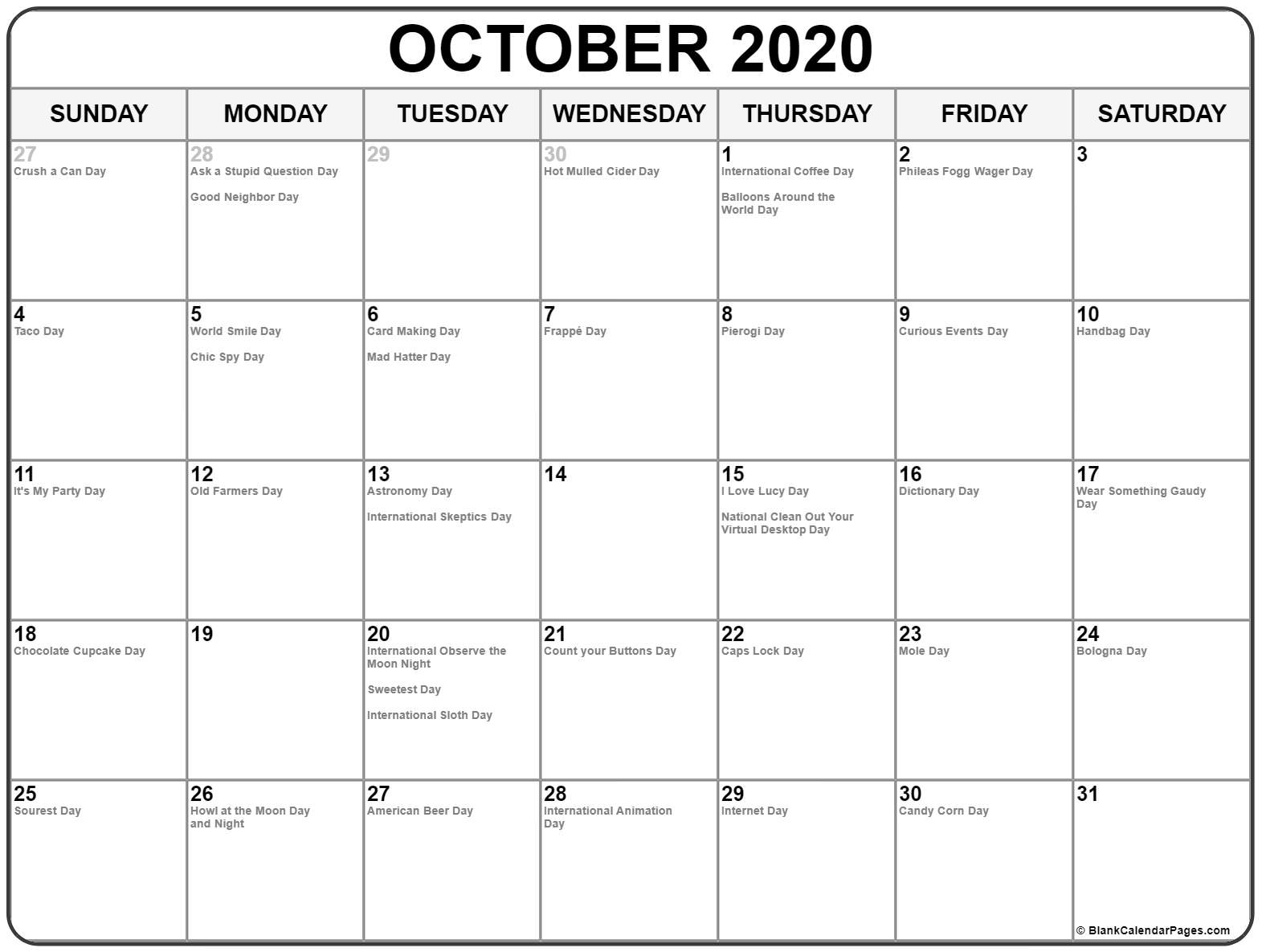 October 2020 Calendar With Holidays