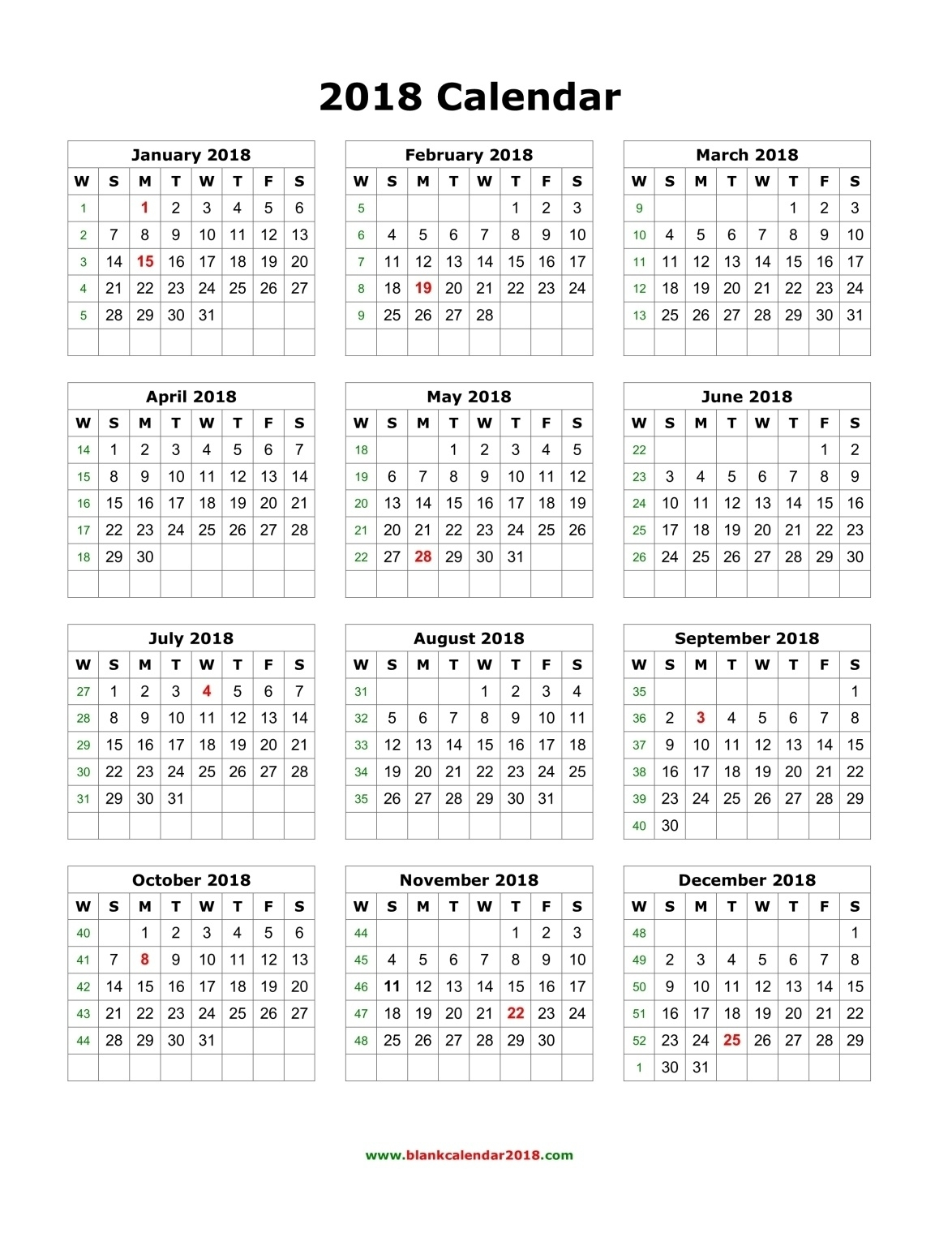 One Page Year Calendar 2018 Printable – Template Calendar