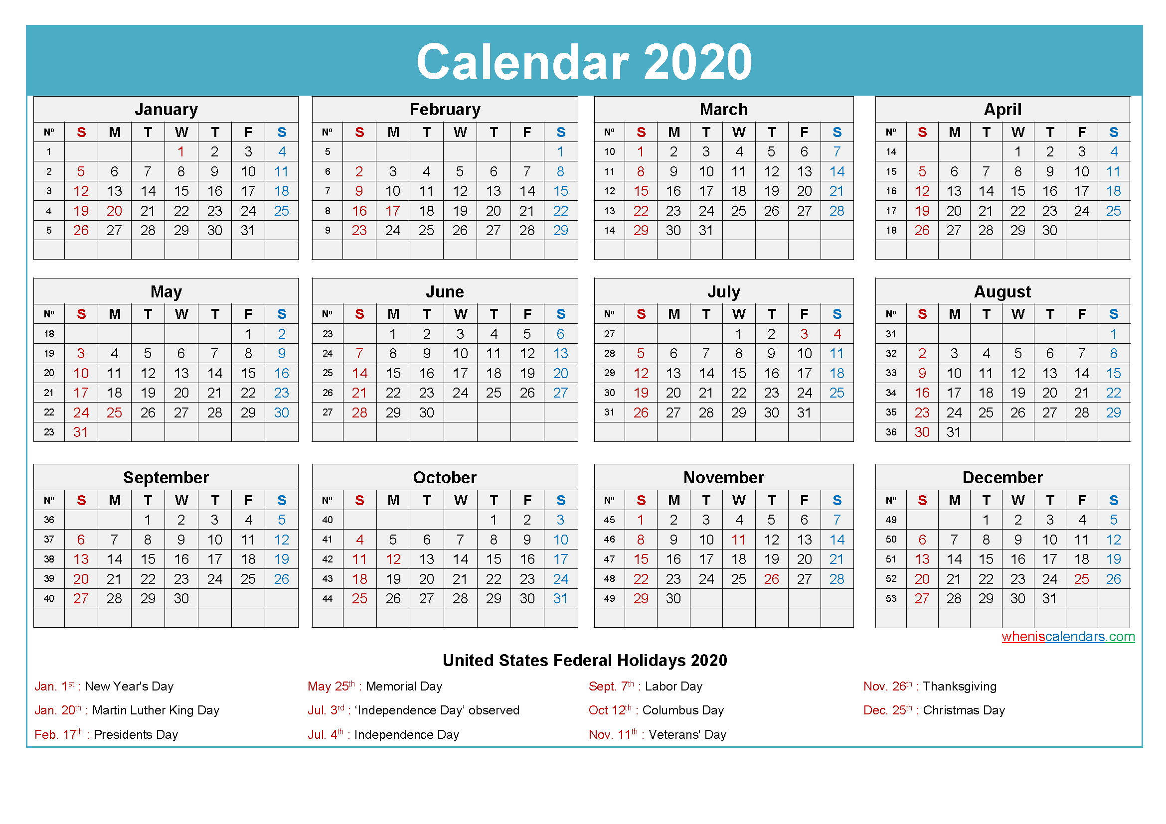 Calendar Per Week 2020 | Calendar Printables Free Templates