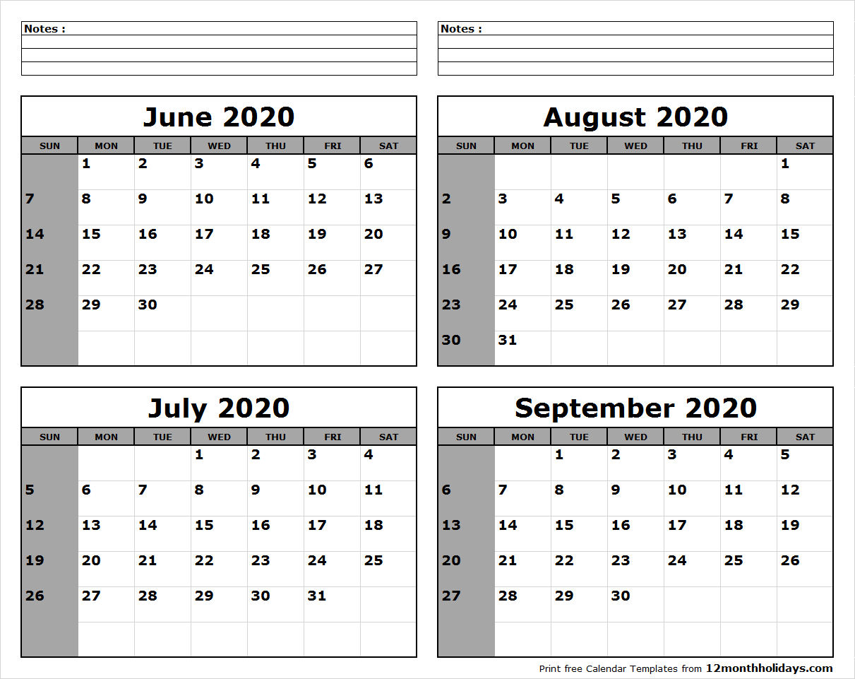Print 2020 June July August September | Example Calendar