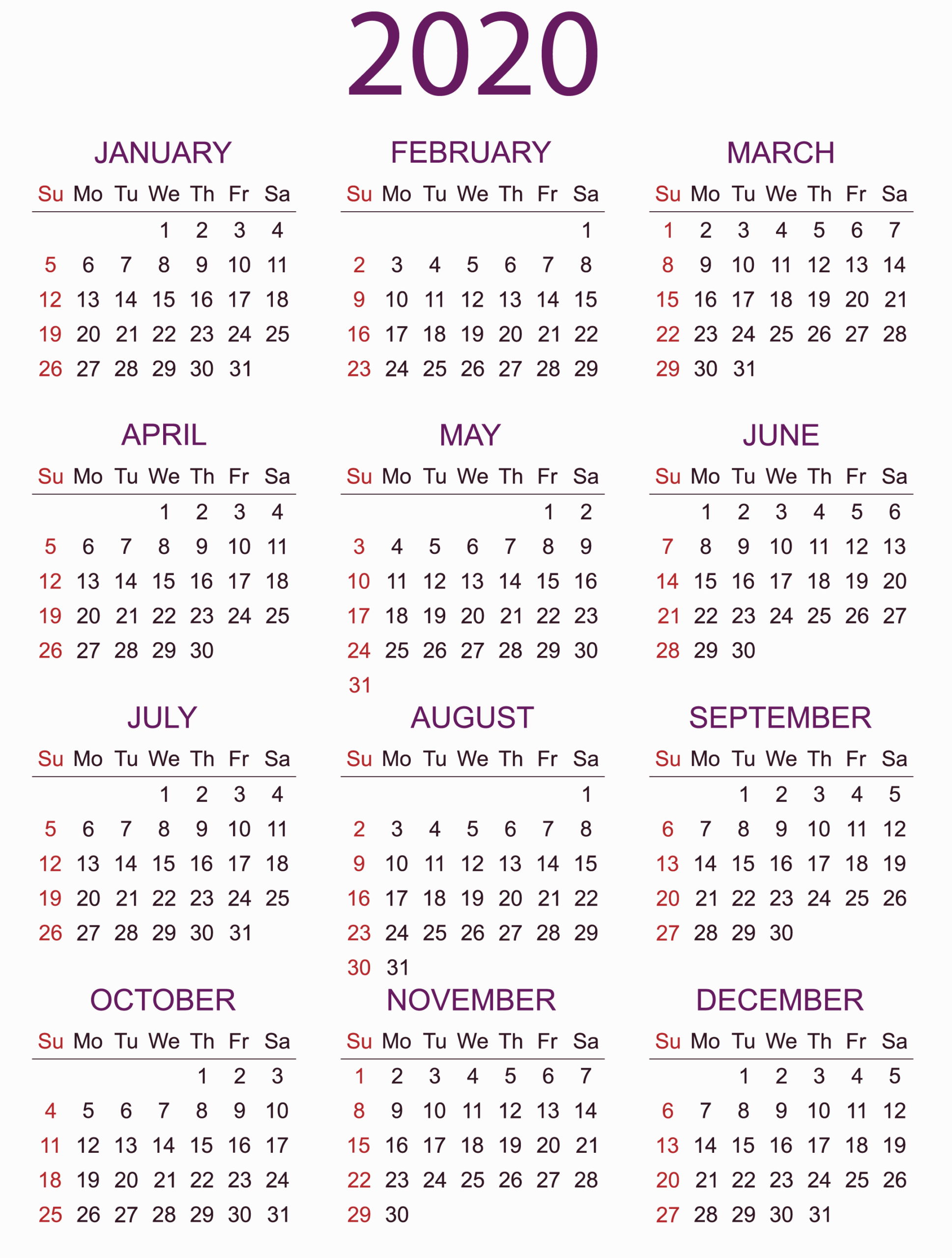 Print A Year Calendar 2020 | Calendar Printables Free