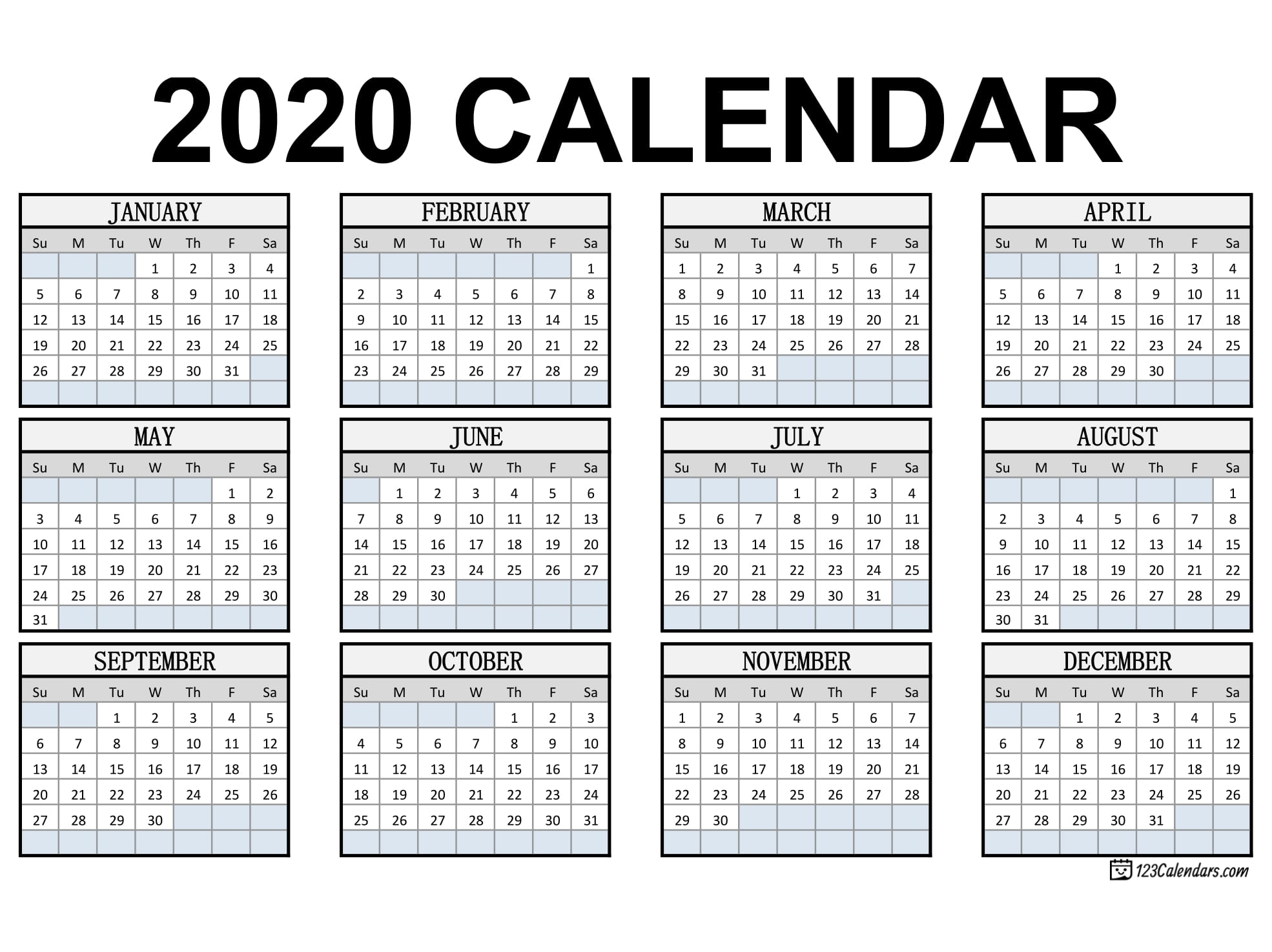 Print Yearly Calendar 2020 Free | Month Calendar Printable