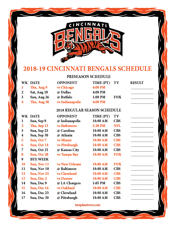 Printable 2018-2019 Cincinnati Bengals Schedule