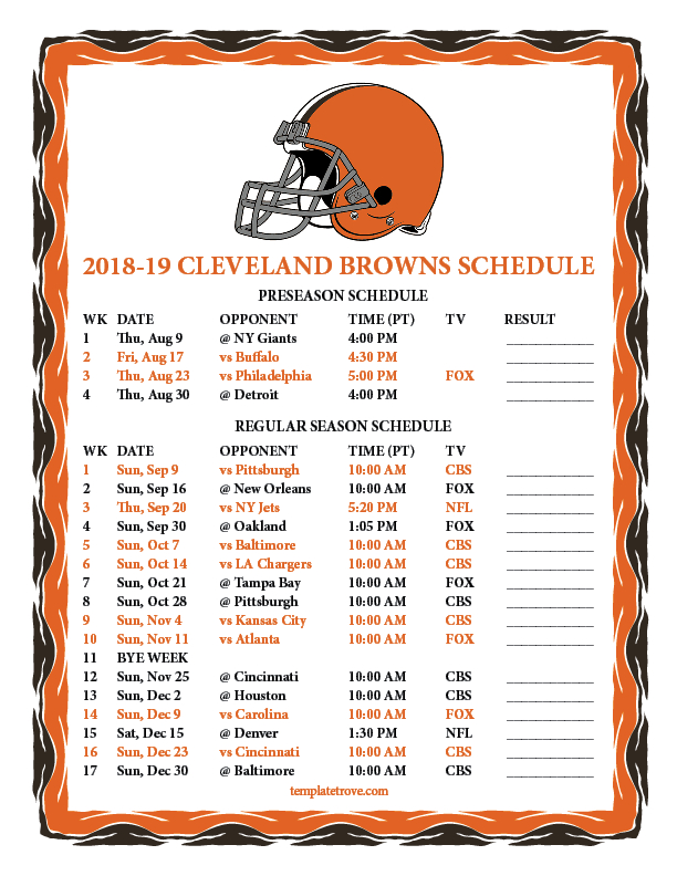 Printable 2018-2019 Cleveland Browns Schedule