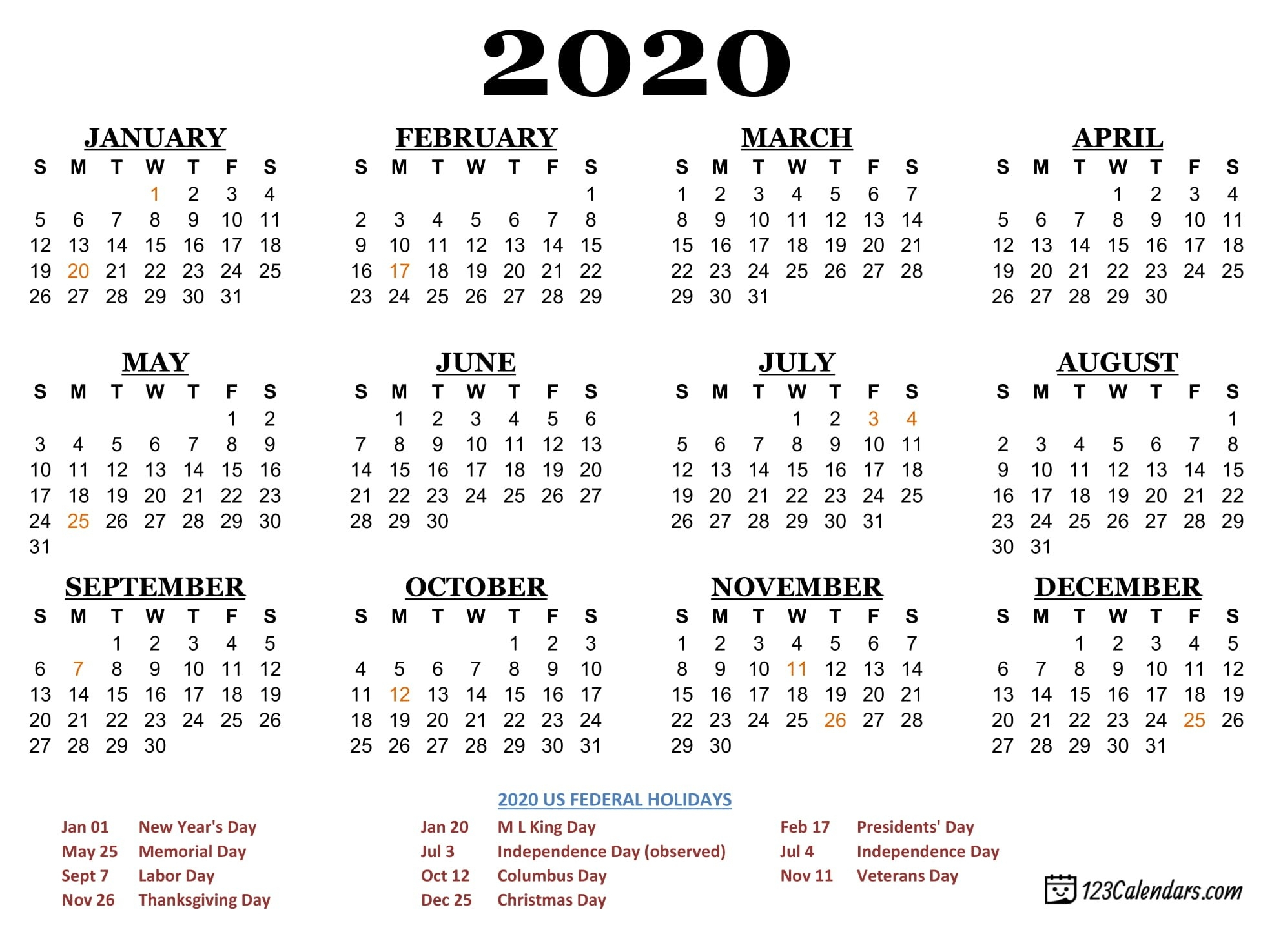 Printable 2020 Calendar With Holidays Usa | Calendar