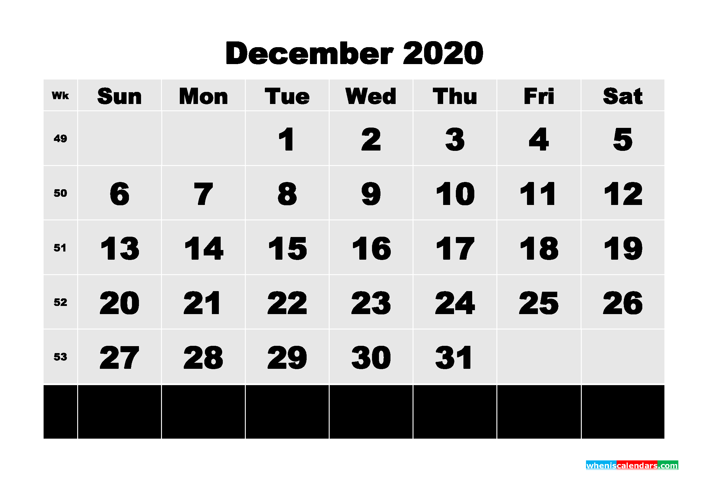 Printable 2020 Monthly Calendar With Week Numbers December