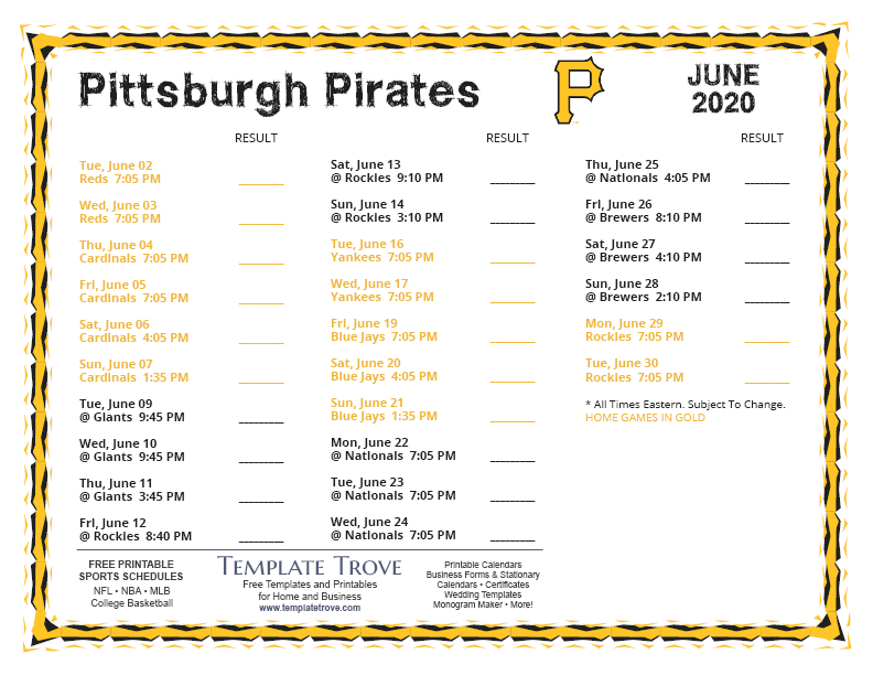 Printable Pittsburgh Pirates Schedule