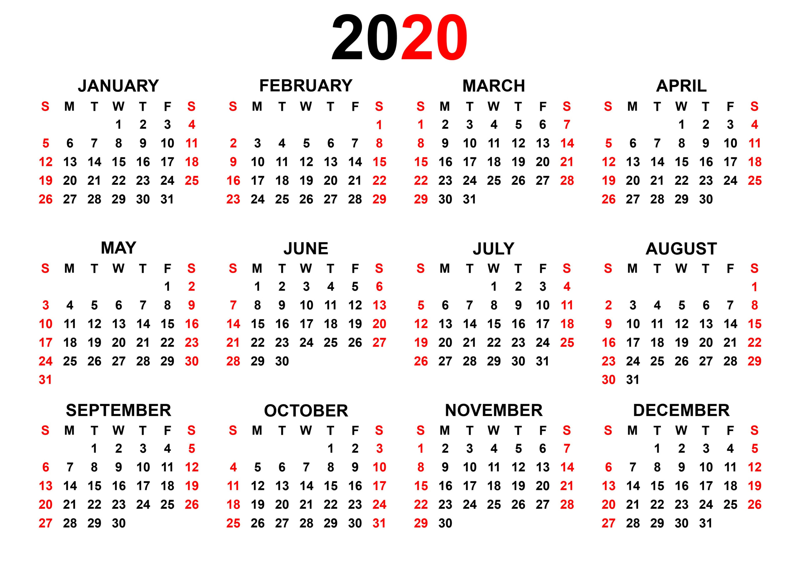 Printable 2020 Yearly Calendar | Latest Calendar