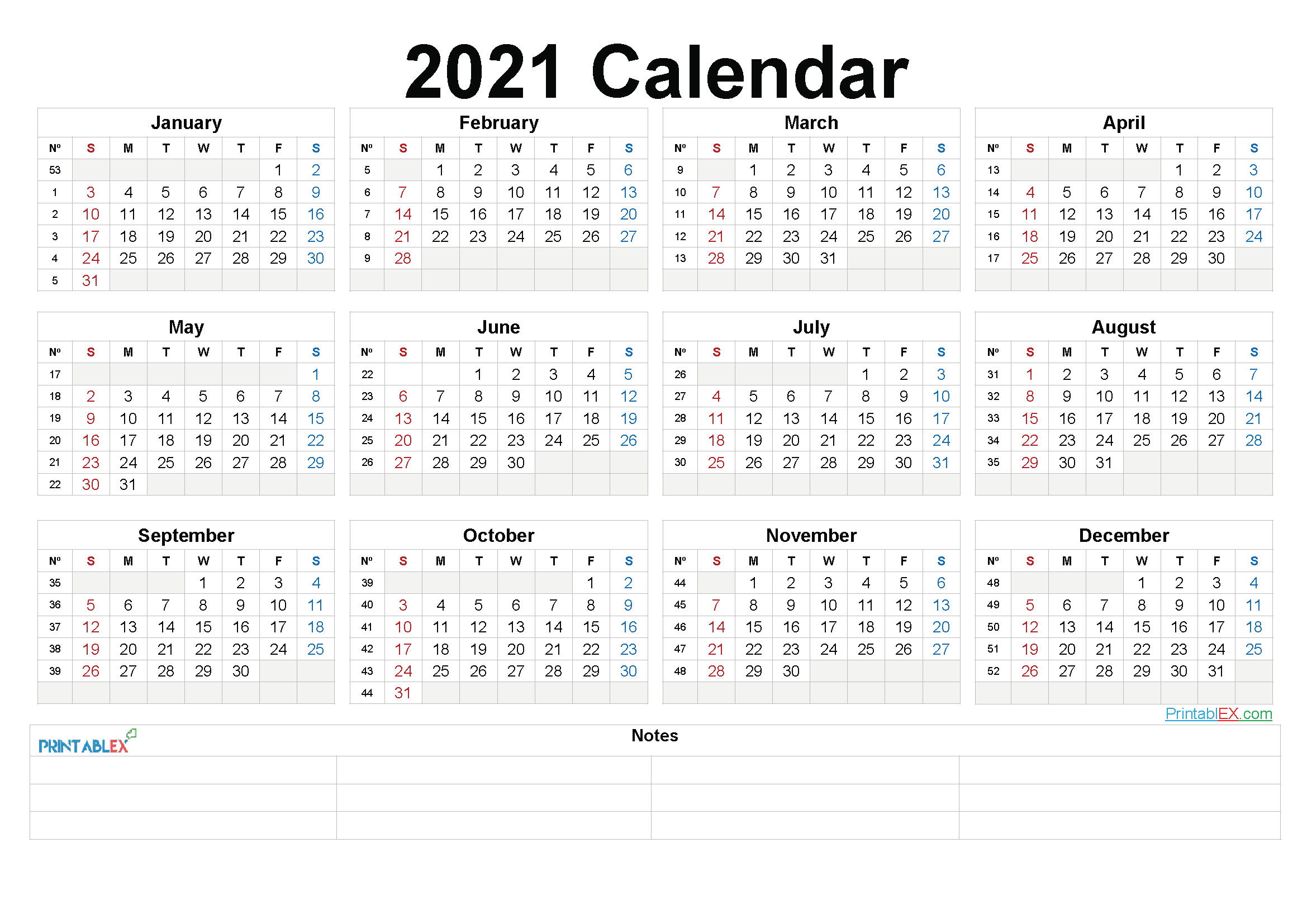 Printable 2021 Yearly Calendar With Week Numbers