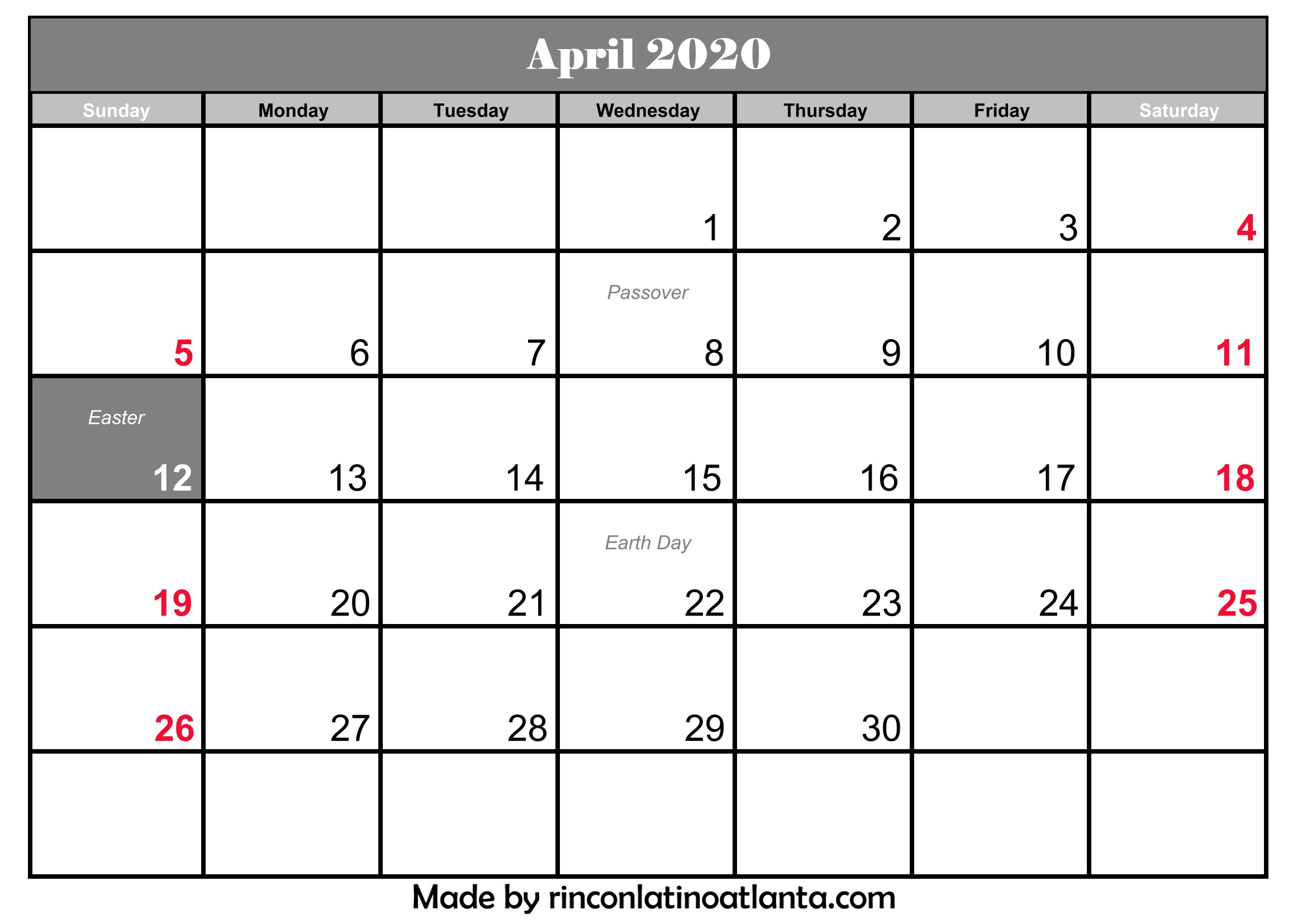 Printable April 2020 Calendar With Holidays | Calendar