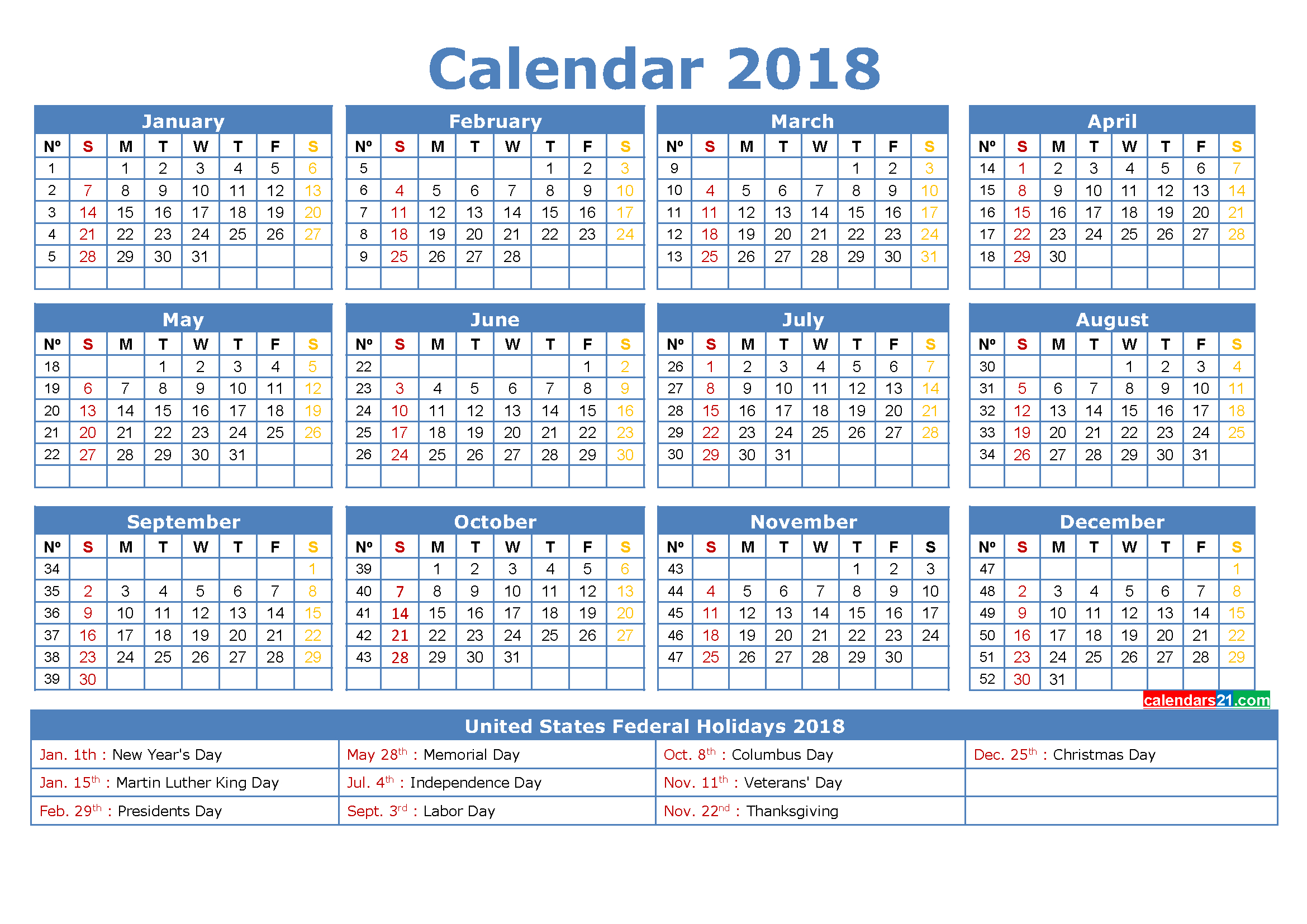 Printable Calendar 2018 With Holidays Full Year (4