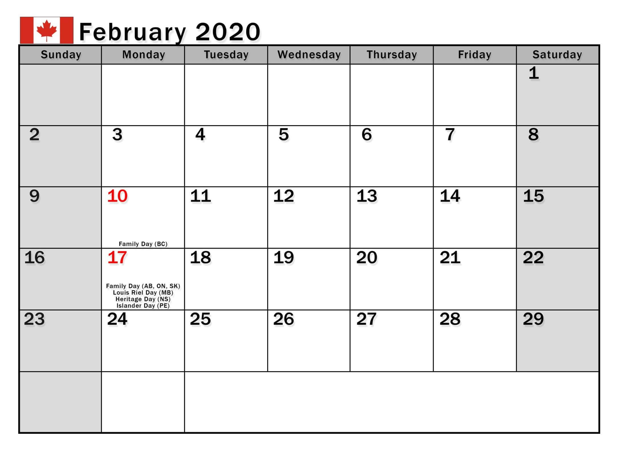 Printable Calendar 2020 Canada With Holidays | Free