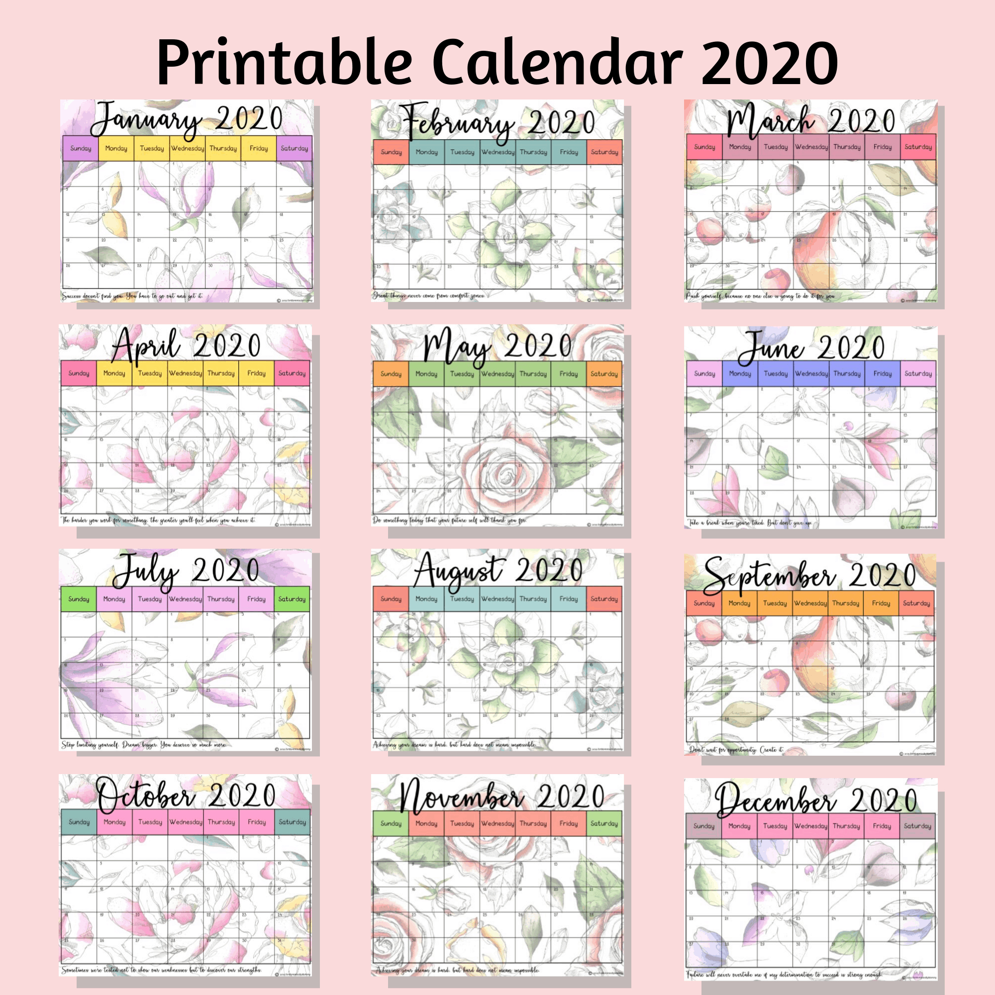 Printable Calendar 2020 In Beautiful Floral Designs