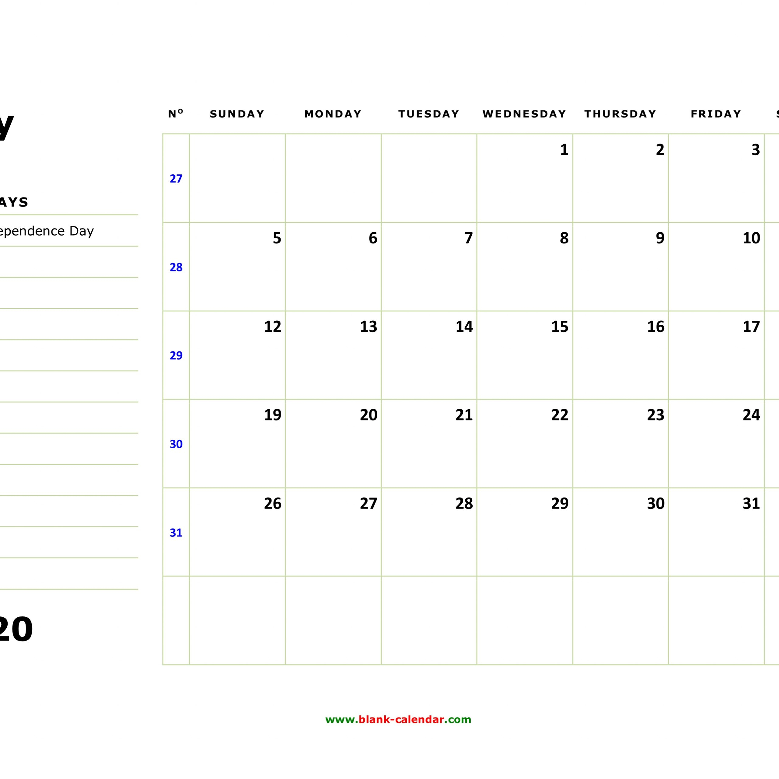 Printable Calendar 2020 With Large Boxes | Free Printable