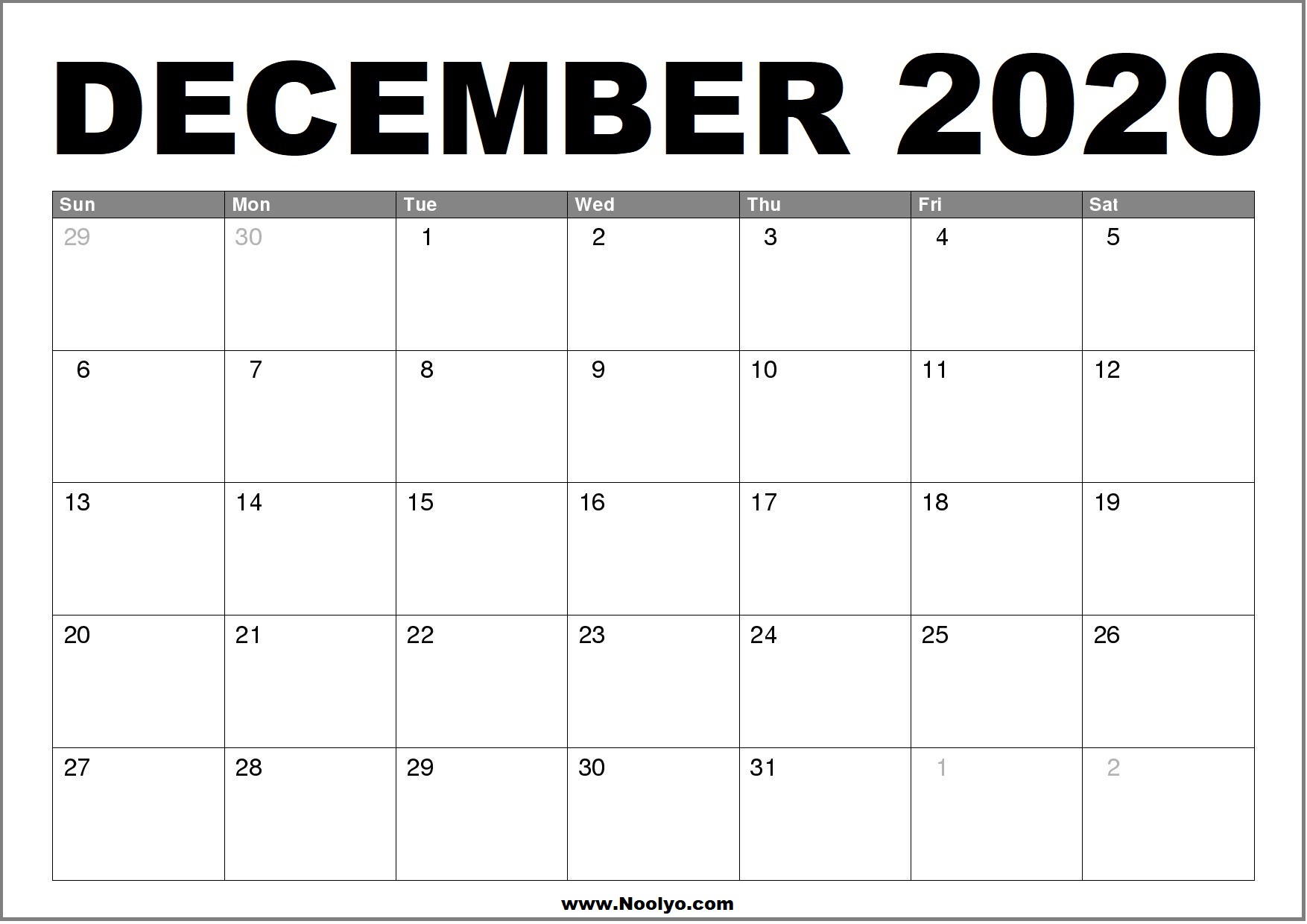 Printable Calendar For December 2020 | 2020 Monthly